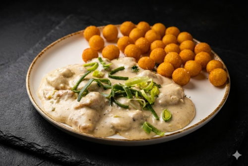 150g Kuřecí nudličky s pórkem a nivou, krokety