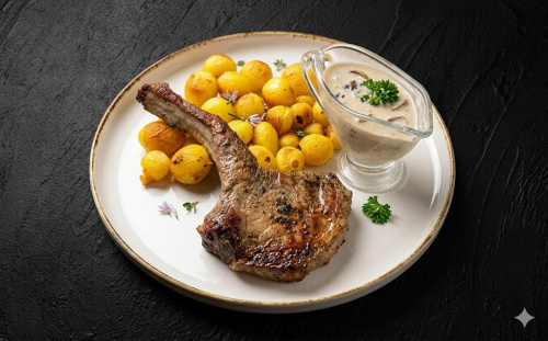 300g Vepřový tomahawk, pečené zámecké brambory, smetanová omáčka s česnekem