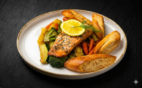 200g Steak z lososa, grilovaná zelenina, bageta