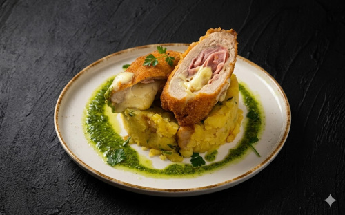 150g Kuřecí kapsa plněná šunkou a sýrem, šťouchané brambory