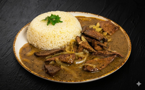 150g Vepřová játra na cibulce, dušená rýže