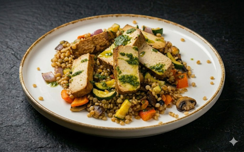 300g Salát z černé čočky se sušenými rajčaty a grilovaným sýrem feta, bageta