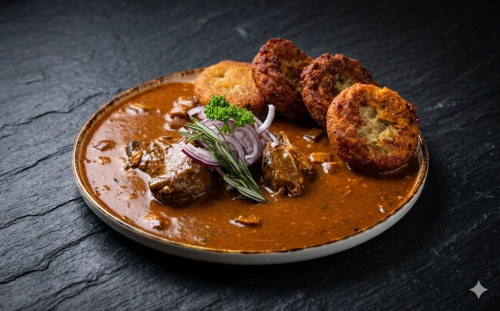 200g Jehněčí guláš, bramborové placičky